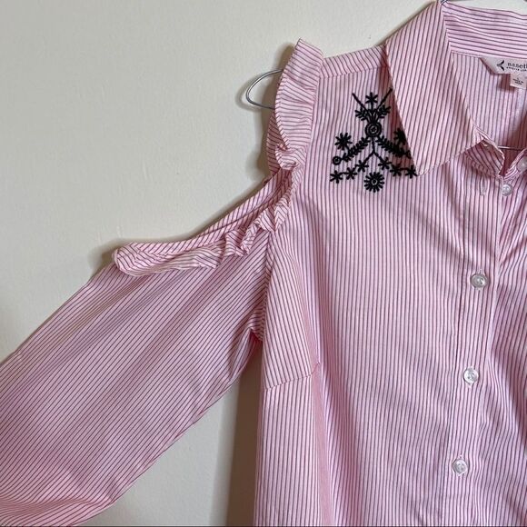 Nanette Lepore Striped Cold Shoulder Ruffle Shirt - Picture 6 of 7